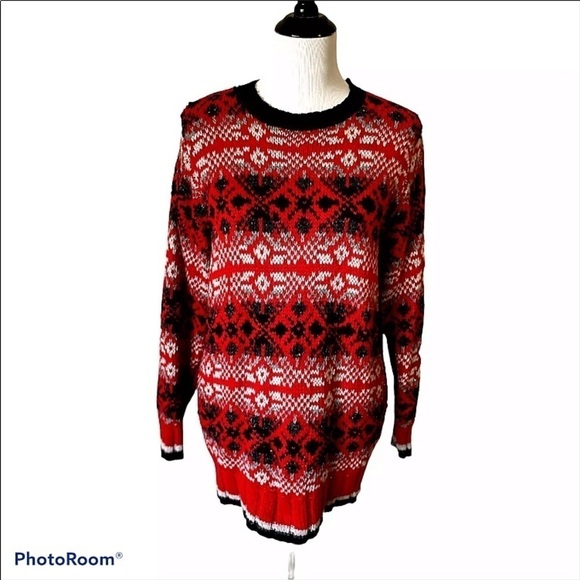 Vintage Mens Marsh Landing Sz Medium Wool Sweater Fair Isle Hand Knit Red Cable - Picture 1 of 6